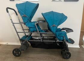 3307 Joovy Big Caboose Graphite Triple Stroller Stand On Tandem Turquoise