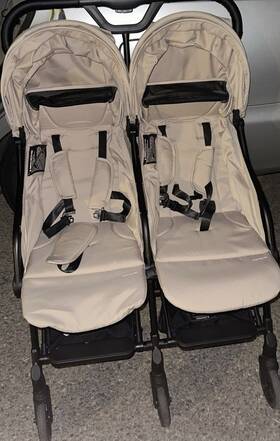 Momsun S101-nd Double Buggy Stroller Beige Black Canopy Adjustable Handles