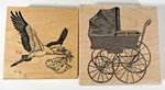 Lot Of 2 Baby Infant Ink Stamps Antique Buggy Stroller Carriage Delivery Stork. Fixed Price $11.00.