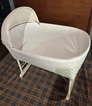 Vintage Woven White Wicker Baby Bassinet Detachable Canopy, Folding Rolling Legs. Fixed Price $229.00.