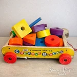 Vintage Fisher Price Creative Blocks Wagon Wooden Toy Pull Cart 1960S. Fixed Price $54.95.