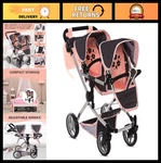 Baby Doll Double Stroller - Twin Pram Buggy For Kids, Adjustable Handle, Rotatin. Fixed Price $137.99.