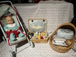 Bitty Baby Stroller Playset W/ Doll, Wicker Baskets, Accessories, Clothing. Fixed Price $82.50.