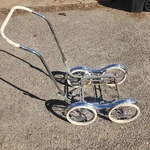 Vintage 1950S Baby Stroller Pram Frame Chrome Whitewall Wheels Hubcaps. Fixed Price $149.00.