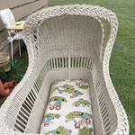White Wicker Baby Carriage Buggy Pram On Wheels With Hood Canopy, Floral Detail. Fixed Price $165.00.